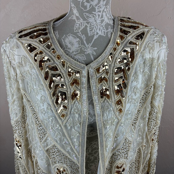 Vintage Royal Feelings Cream Ivory Embellished Beaded Evening Jacket Silk 2X - Picture 2 of 15